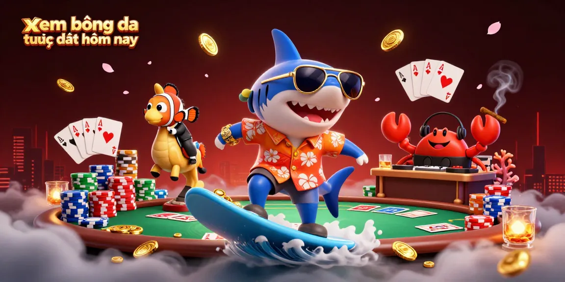 Experience xem bóng đá trực tiếp hôm nay with vibrant 3D art featuring a shark surfing coins and dynamic casino elements.