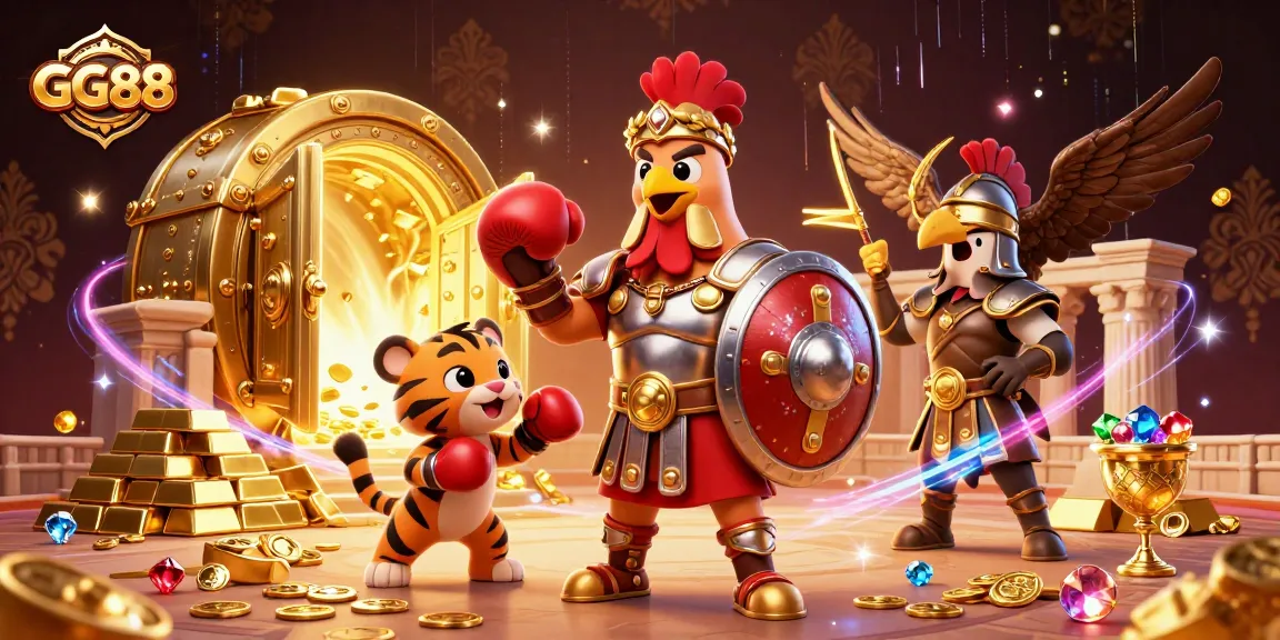 Engage with GG88 in a dynamic casino scene featuring a gladiator rooster and treasure-filled elements.