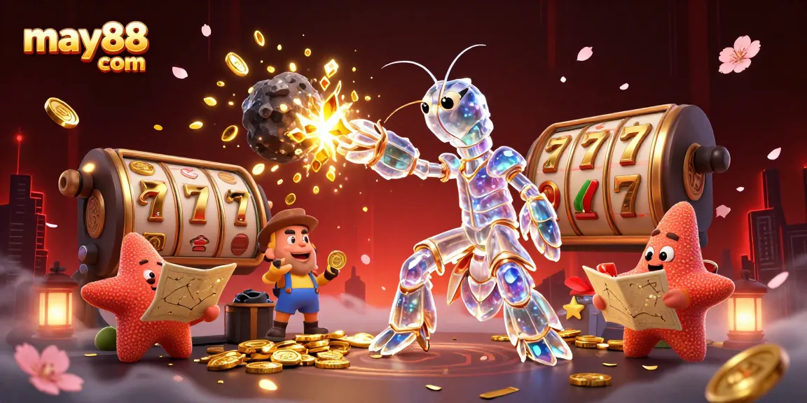 Experience the excitement of may88 com with a 3D illustration of a galactic samurai shrimp in action, showcasing thrilling slots!