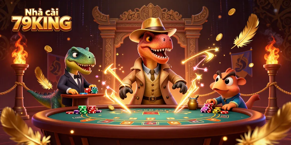 Experience the thrill of gambling with Nhà cái 79KING as cartoon dinosaurs engage in casino antics.
