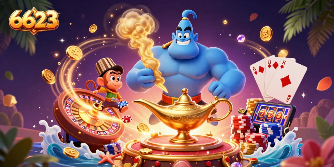 Experience thrilling gameplay with 6623's genie and poker elements in a vibrant casino scene.