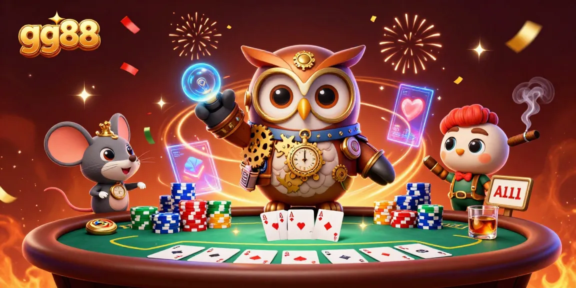 Engage with gg88's vibrant poker scene featuring a time-traveling owl and colorful chips.