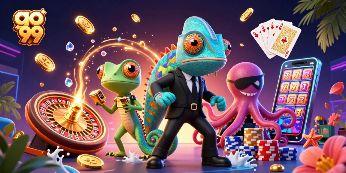 Engage with go 99 in this vibrant 3D casino scene featuring a secret agent chameleon and exciting game elements.