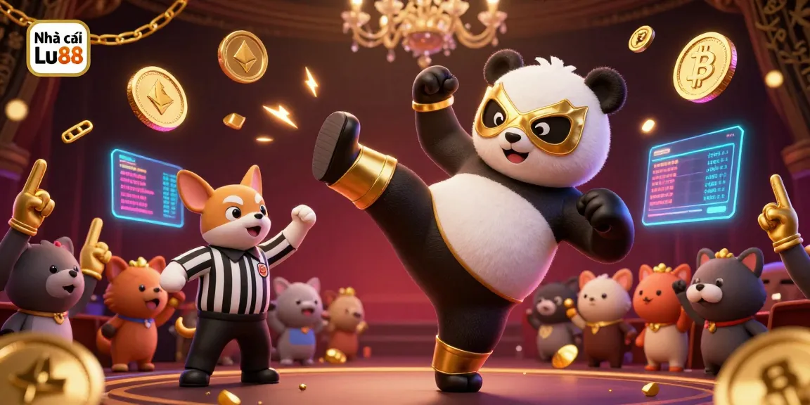 Experience the dynamic action at Nhà cái Lu88 with a panda wrestler and chihuahua referee in an exciting gaming environment.