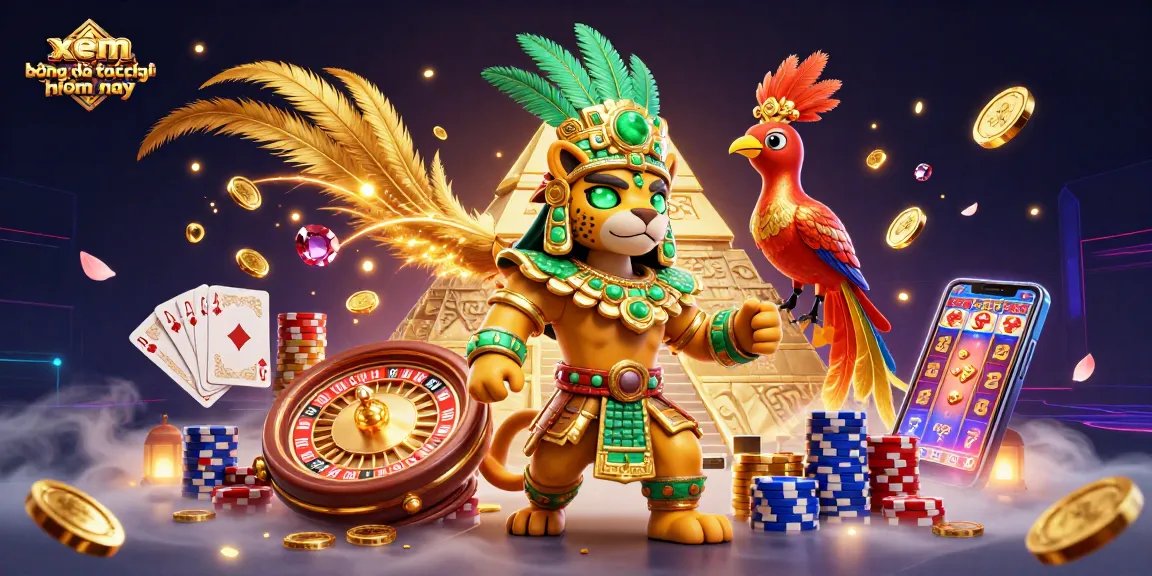Experience xem bóng đá trực tiếp hôm nay with dynamic 3D casino illustration showcasing vibrant game elements.