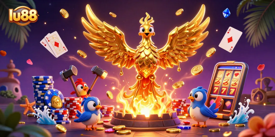 lu88 players celebrate with the golden phoenix and rich casino elements in a vibrant 3D world