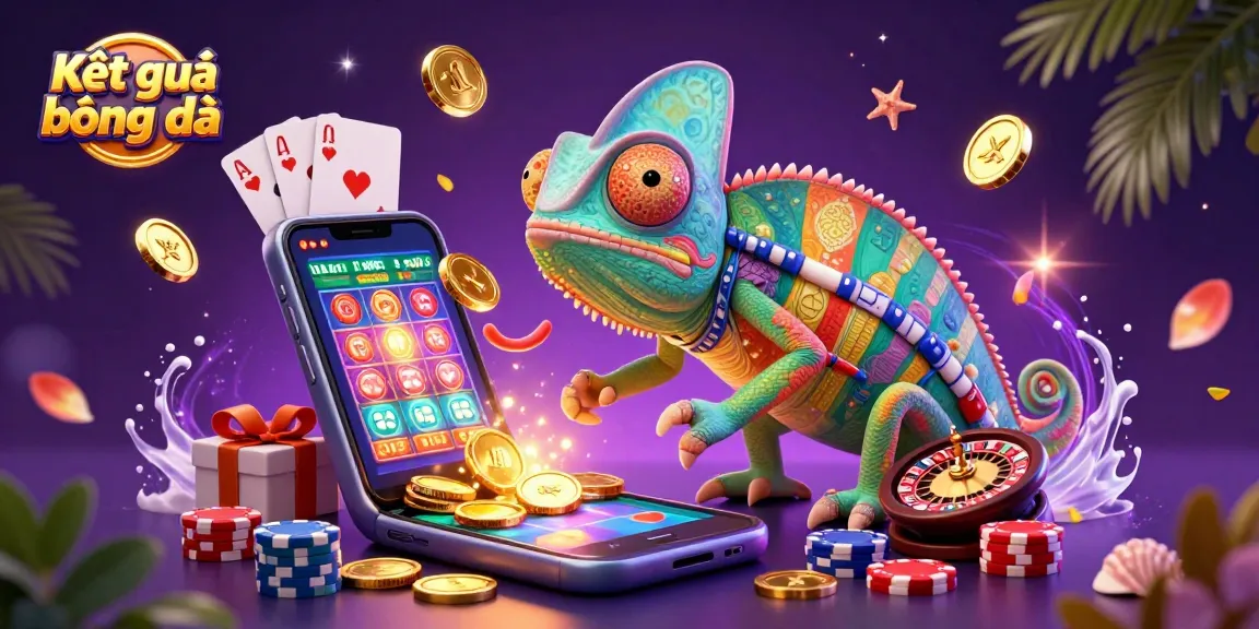 Kết quả bóng đá displayed amidst an energetic casino scene featuring a colorful chameleon and dynamic gaming elements.
