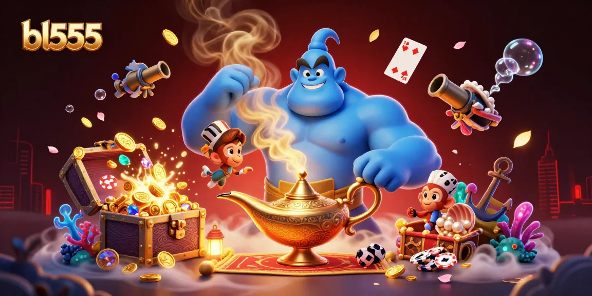 Experience the thrill of gambling with bl555 in this dynamic 3D cartoon scene featuring a magical genie and poker elements.