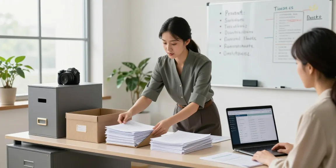 Organizing an office with a professional office organizer in Ottawa, sorting papers and using storage solutions for a decluttered workspace.