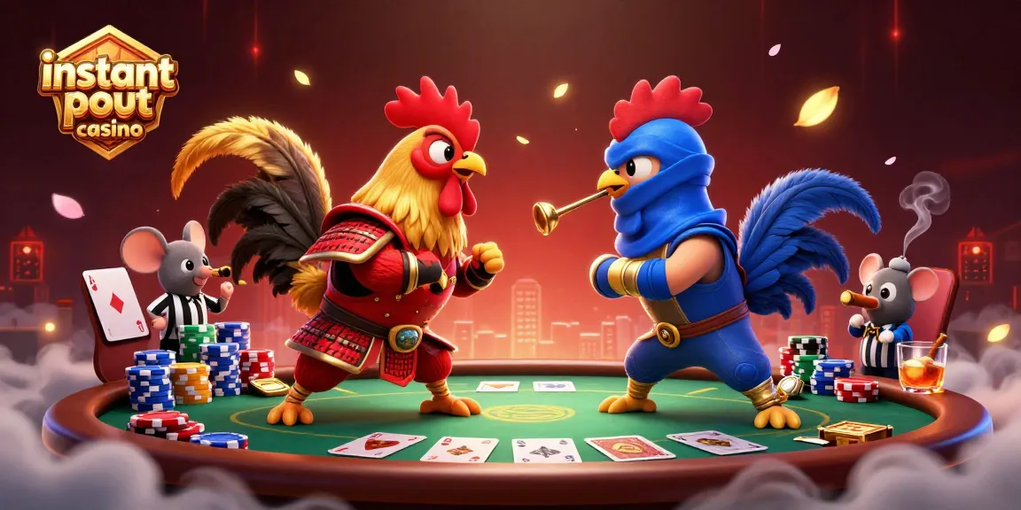 Engage with the action at an instant payout casino featuring fighting roosters, poker elements, and vibrant visuals.