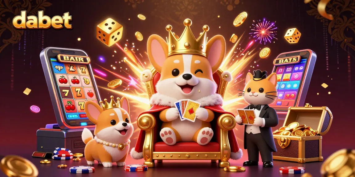 Experience thrilling gameplay at Dabet with vibrant illustrations and a royal corgi mascot.