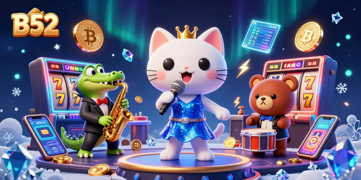 Engage with B52 slot games while enjoying a vibrant casino scene featuring animated characters.
