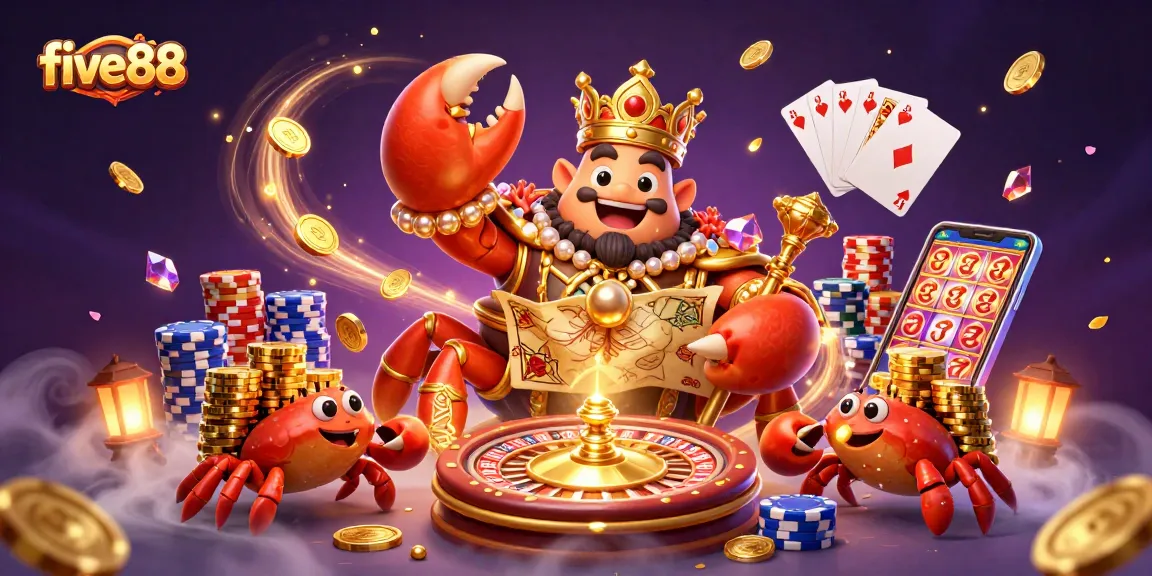 Engage with the vibrant action at five88, featuring a golden crab emperor amidst cascading coins and bright games.