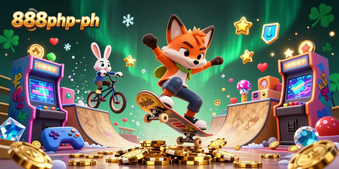Experience thrilling gameplay at 888php-ph with a vibrant 3D cartoon scene featuring casino elements and characters.