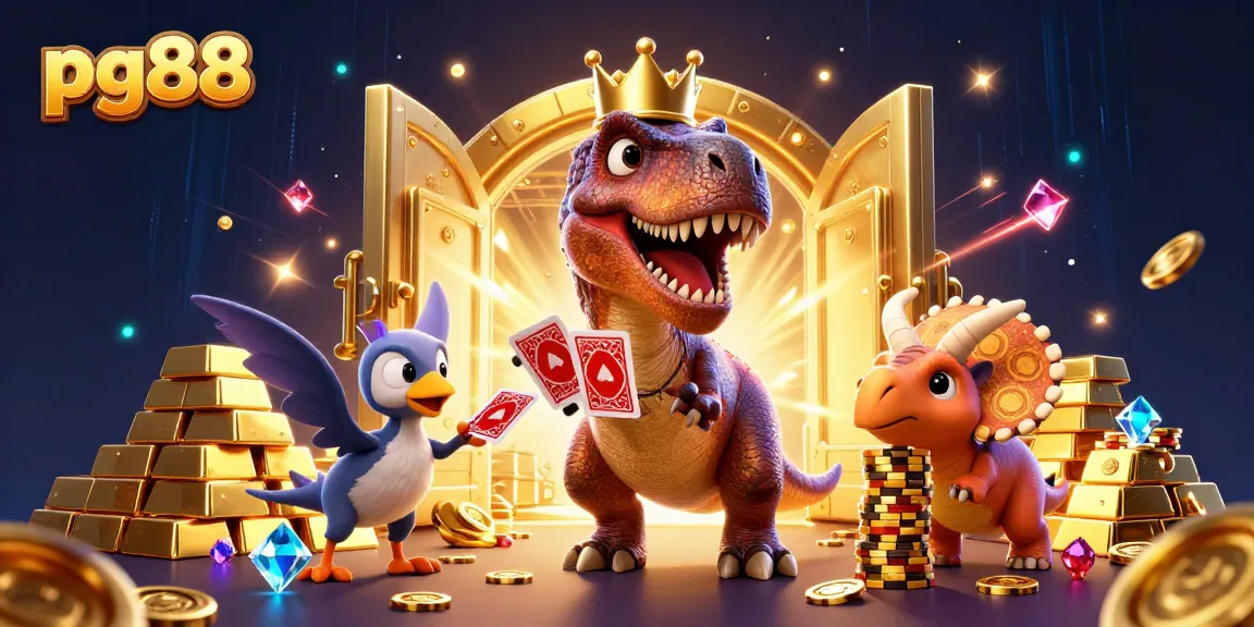 Experience pg88 with a friendly T-Rex and chips as they shuffle cards in a vibrant casino scene.