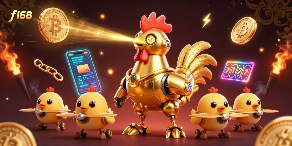 Engage with f168's vibrant 3D gaming world featuring a golden rooster robot and slot elements.