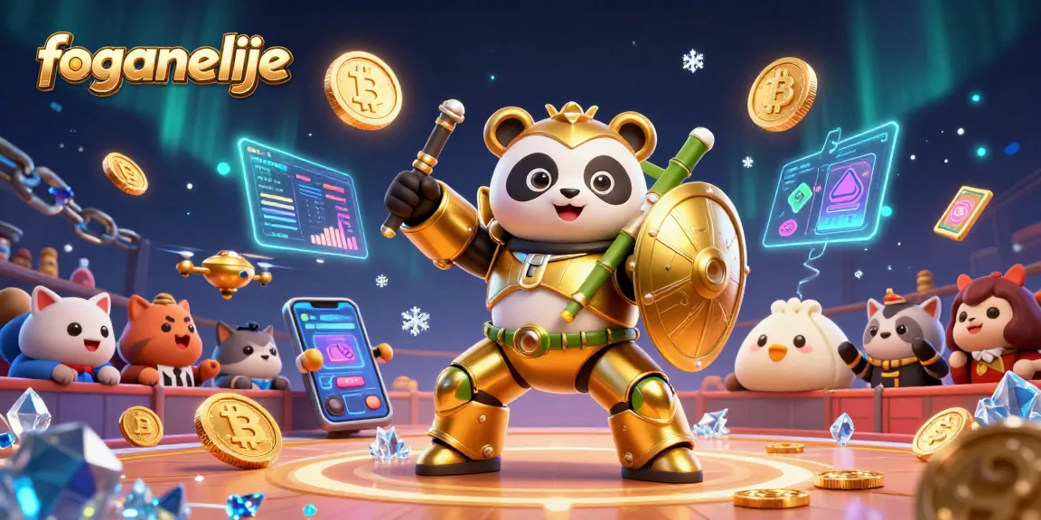 Engage in dynamic gambling action with foganelije, featuring a golden panda in a mech suit and crypto-themed elements.