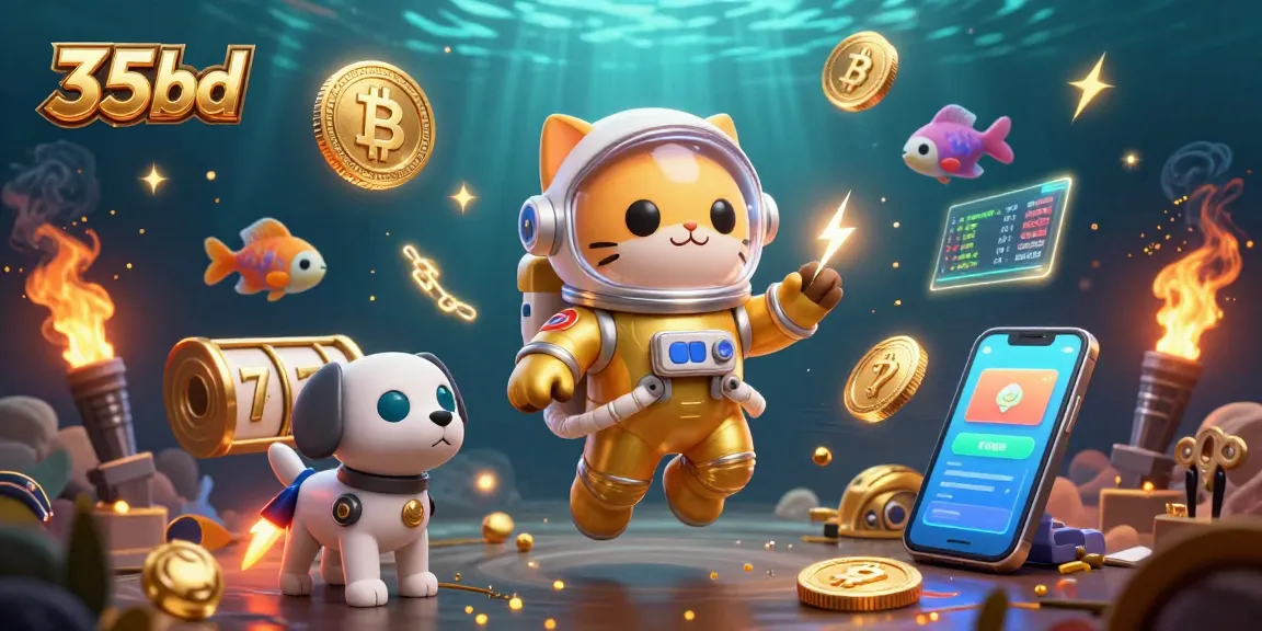 Experience exciting online slots gameplay with 35bd, featuring floating slot reels and vibrant characters.