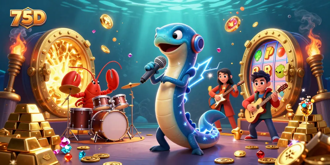 Engage with 75BD's lively undersea casino scene featuring an electric eel DJ and vibrant visuals.