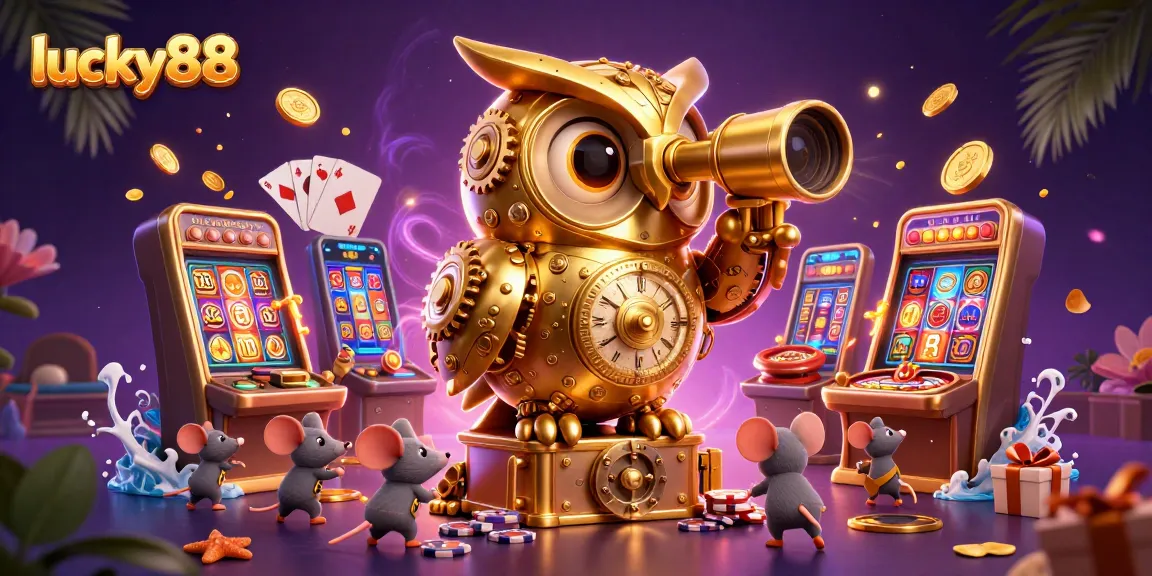 Spin the reels with lucky88 in a vibrant 3D casino scene featuring a magical owl and playful mice.