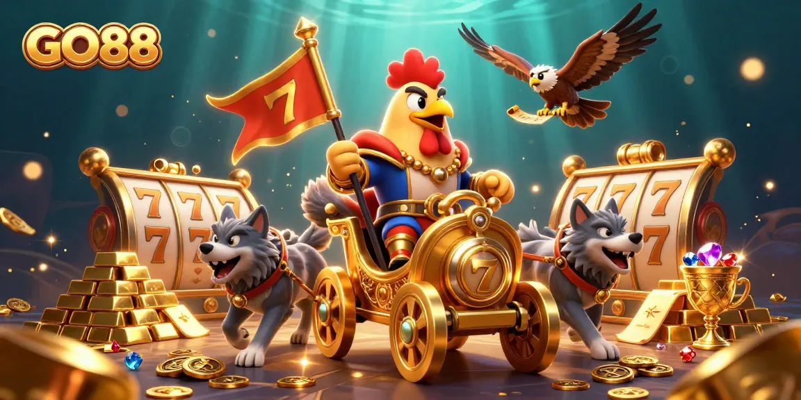 Unleash the thrill at GO88 as the rooster warlord commands a treasure-filled casino scene.