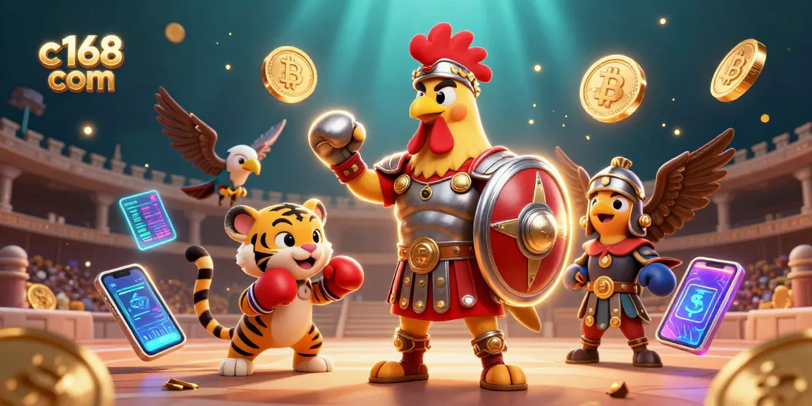 Engage with thrilling games at c168 com, showcasing a gladiator rooster and digital elements.