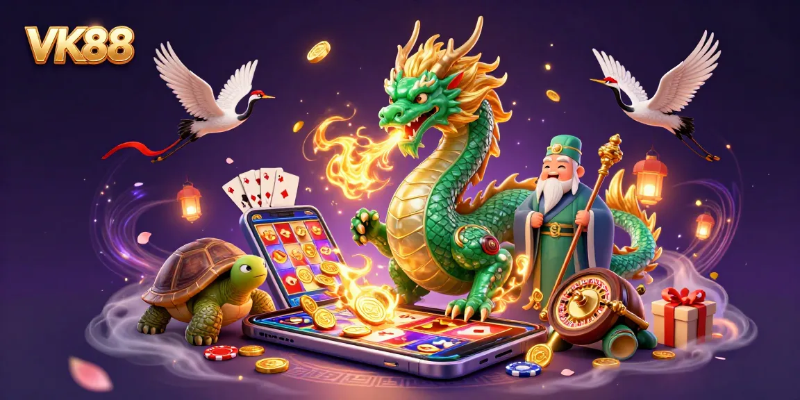 Experience the excitement of VK88 with a dragon, sage, and lucky cranes amidst casino game elements.