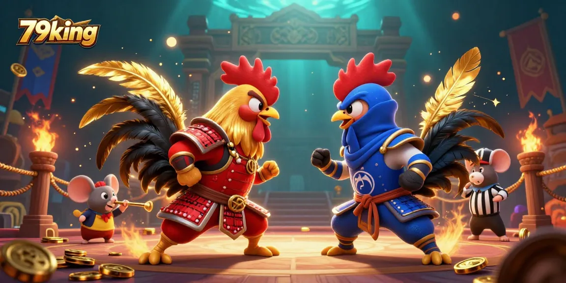 79king showcases a dramatic standoff between samurai and ninja roosters amidst a vibrant casino atmosphere.