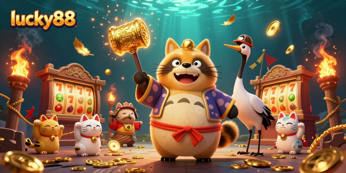 Spin and win at lucky88 with a cheerful tanuki and colorful fortune cats in a vibrant casino scene