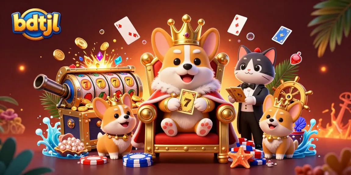 Experience the thrill of bdtjl with royal corgi on a poker chip throne, dynamic casino scene.