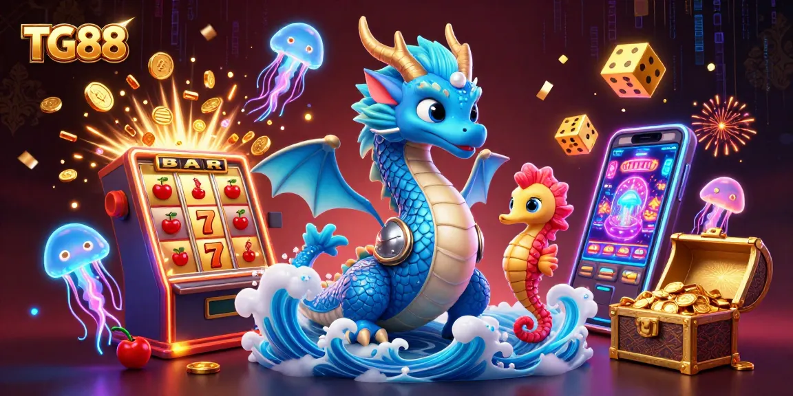 TG88 dragon and seahorse knight celebrate in a lively casino scene amidst gaming excitement.