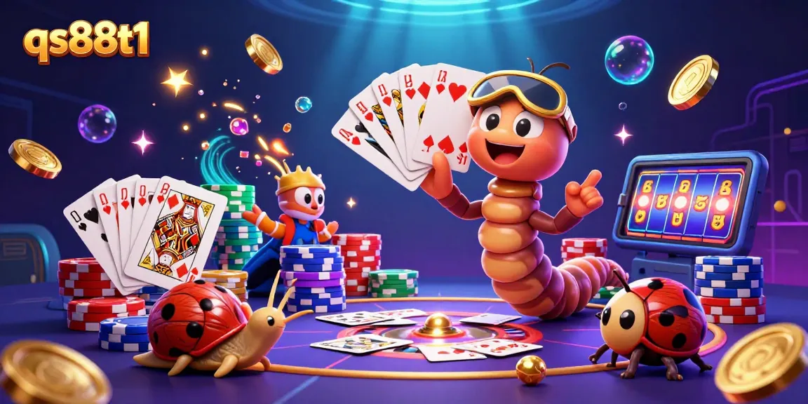 Join the excitement at qs88t1 with a vibrant illustration of a casino scene featuring a millipede dealer, snail high-roller, and packed symbols.