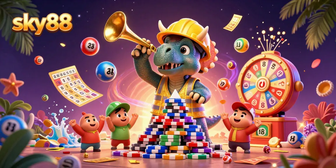 Win big with sky88 at a vibrant casino scene featuring dynamic games and joyful characters.