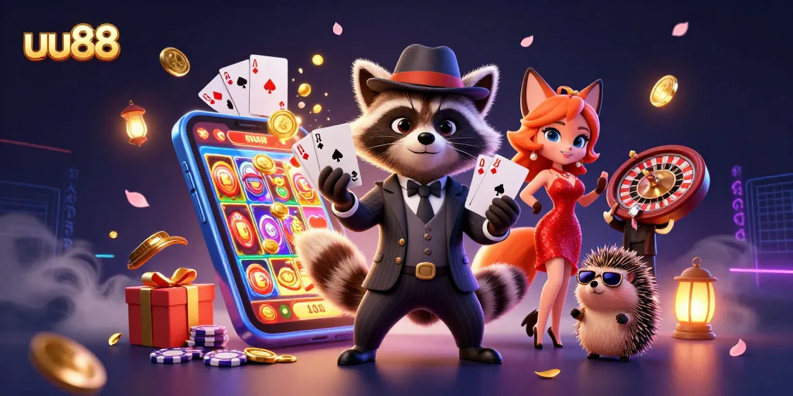 Engage with uu88's thrilling gaming scene featuring a suave raccoon card player and vibrant slot games.