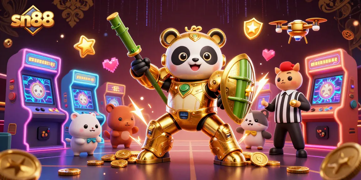 sn88 showcases a vibrant casino scene with golden panda piloting a robot amidst dynamic gaming elements.