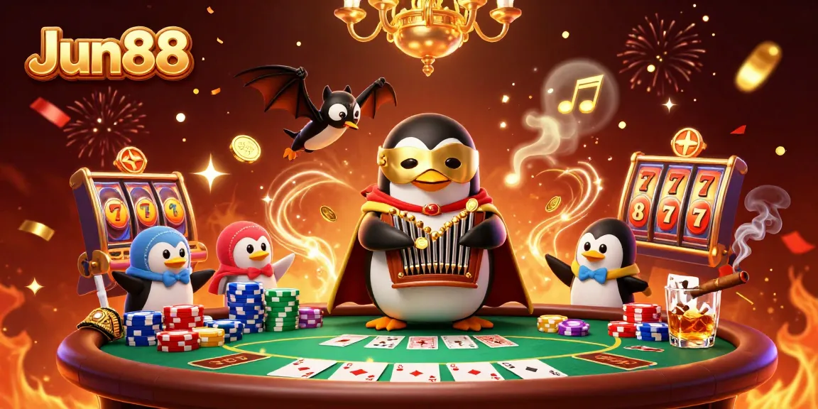 Engage in thrilling gaming adventures with Jun88 through an ultra-detailed casino illustration featuring lively characters and action.
