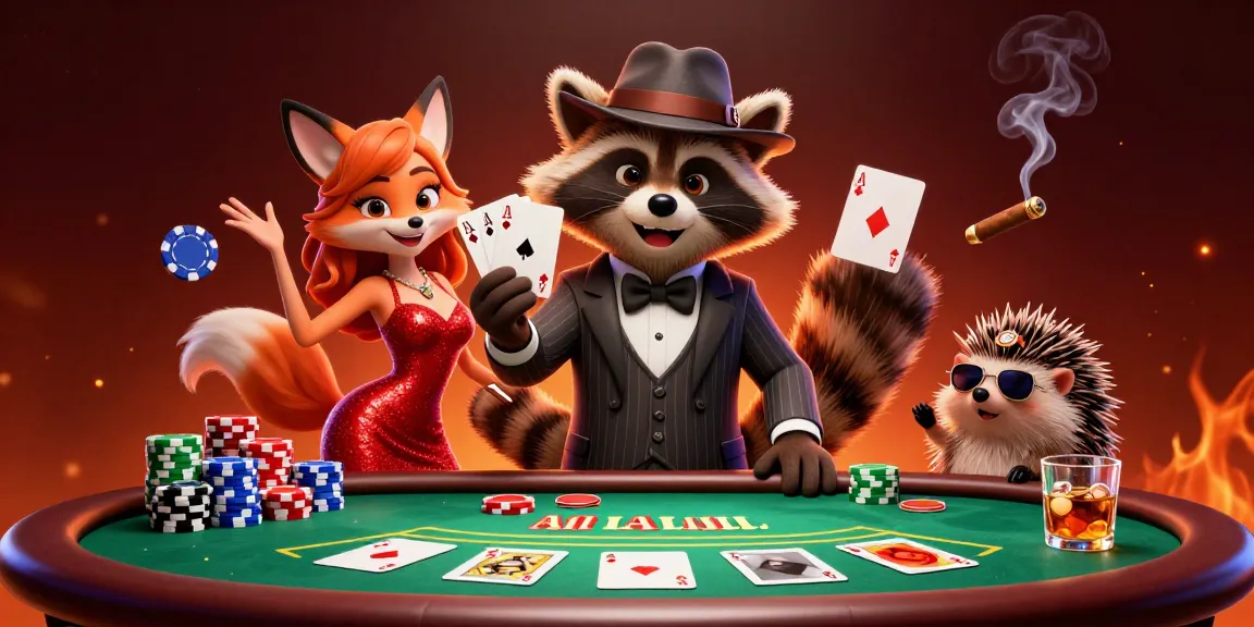 Join the fun at 88bbet as the suave raccoon showcases a winning poker hand in a vibrant casino scene.