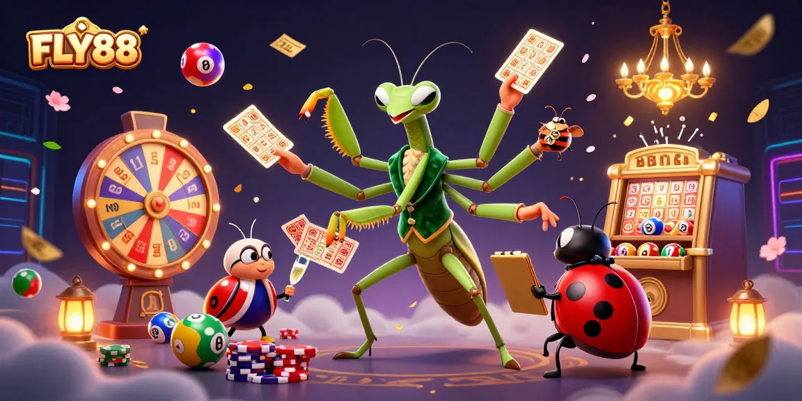 FLY88 offers vibrant gaming atmosphere with colorful lottery elements and engaging characters in a dynamic online casino setting.
