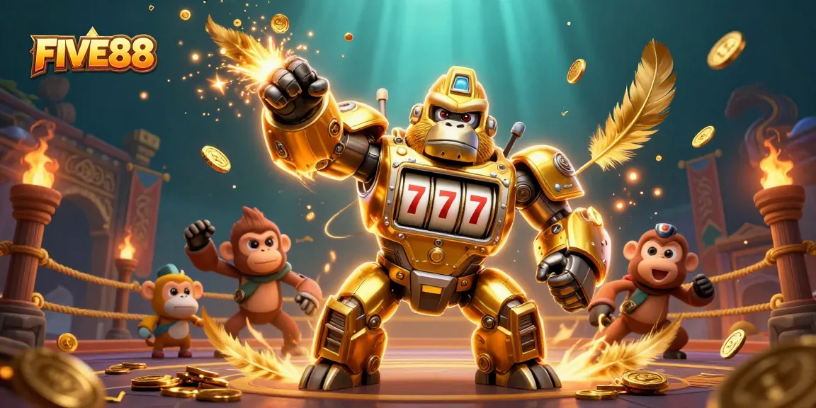 FIVE88 gaming experience featuring a dynamic scene with a golden gorilla mech and vibrant casino elements.