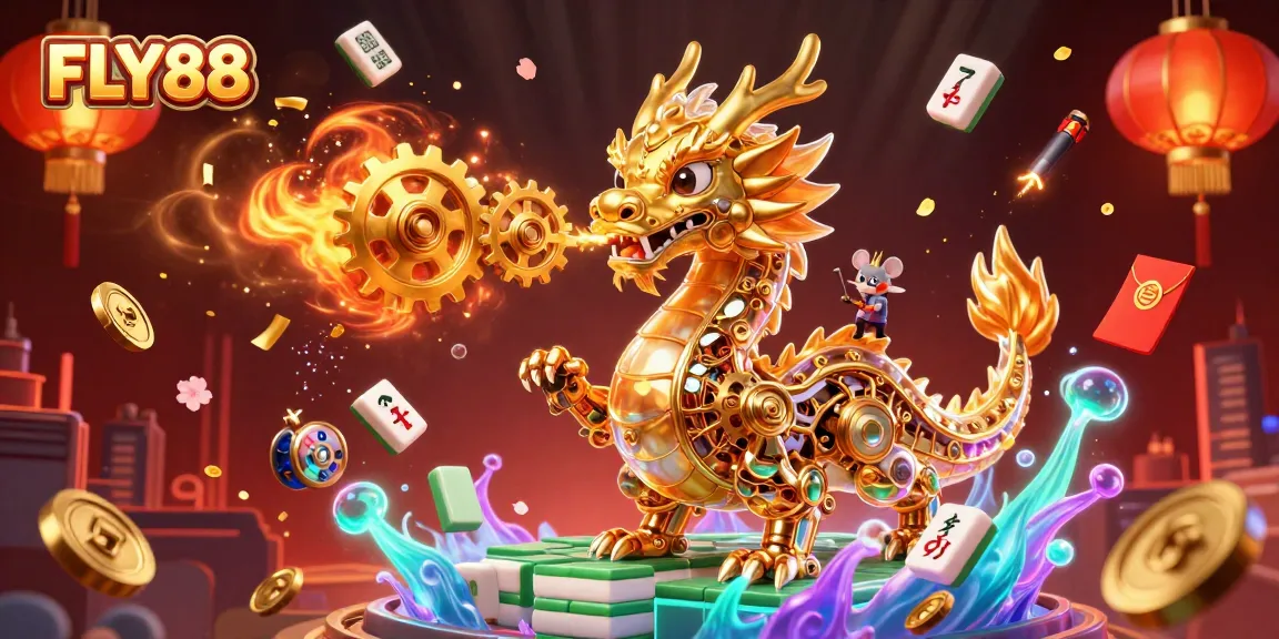 Experience thrilling gameplay with FLY88, featuring a golden dragon and vibrant casino elements.