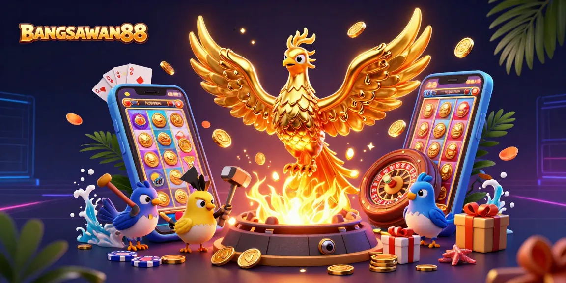 BANGSAWAN88 showcases a stunning golden phoenix amidst vibrant casino elements and games.