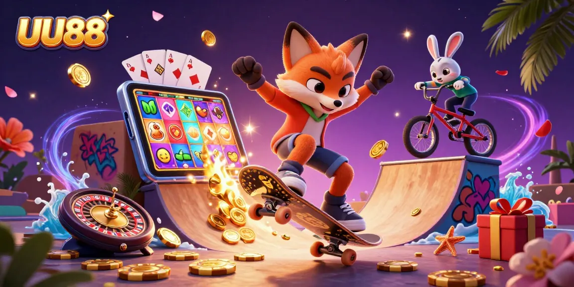 Experience vibrant gameplay with UU88 through a dynamic 3D scene of casino-themed characters and games.
