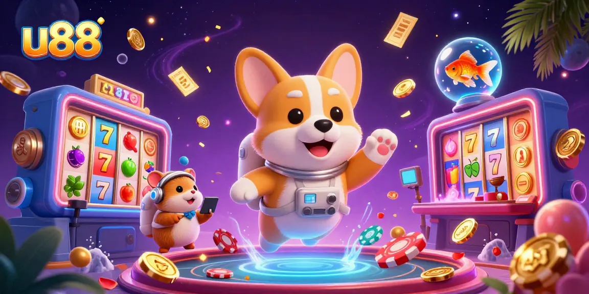 Experience u88 thrills with the 3D floating casino scene featuring playful characters and jackpot excitement.