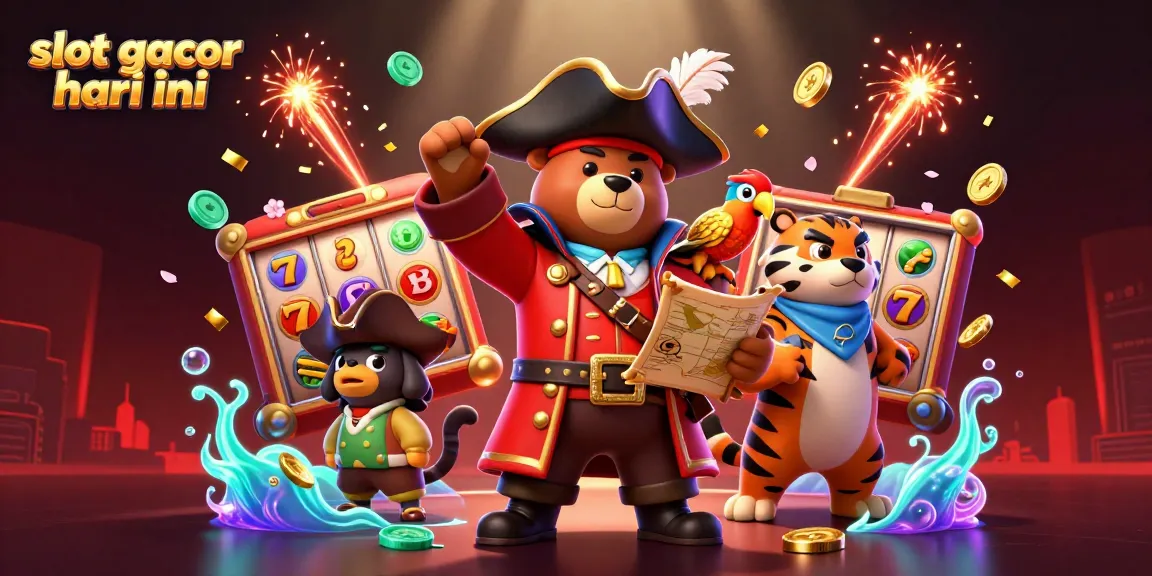 Engage with slot gacor hari ini through a vibrant illustration featuring a pirate bear and his tiger mate amidst exciting slot motifs.