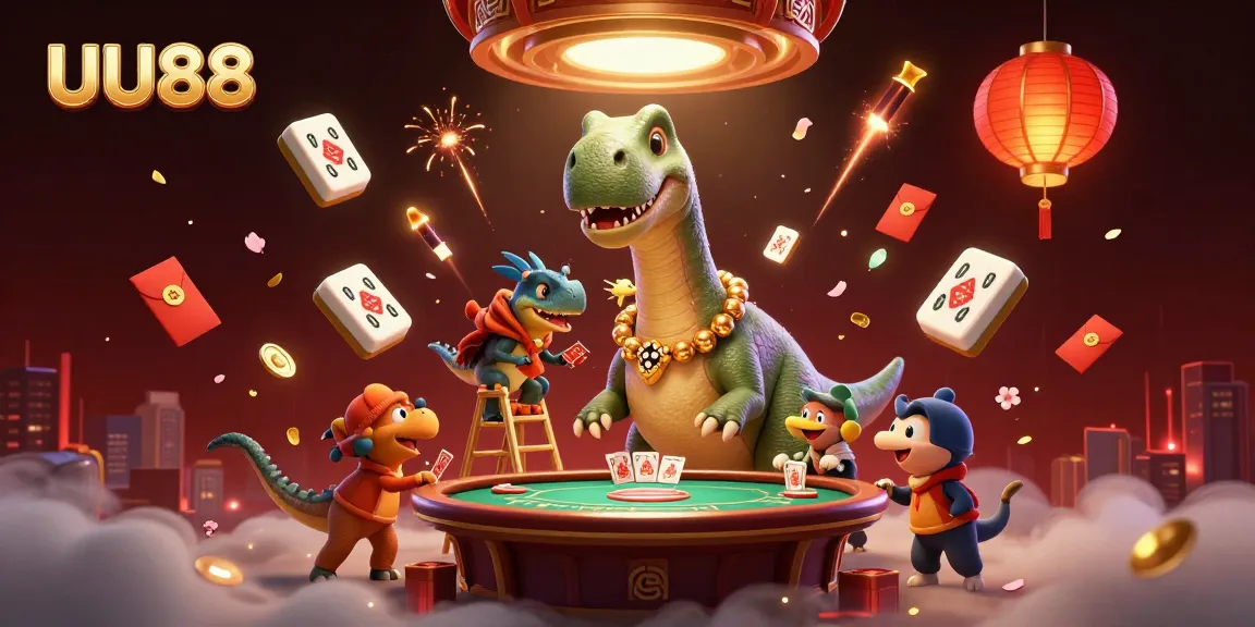 Engage with UU88's immersive casino experience featuring a brontosaurus and raptor dealing cards.