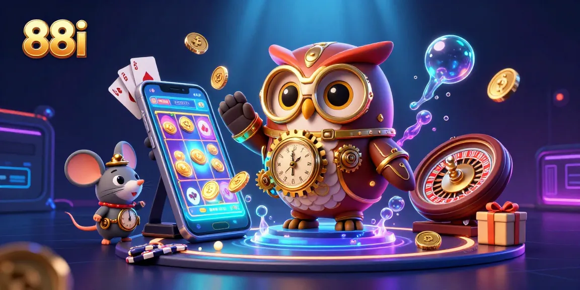 Experience the excitement of 88i with this vibrant 3D casino illustration featuring games and fun elements.