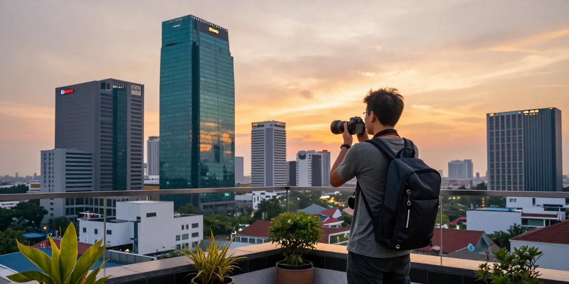 Explore Jakarta's vibrant skyline at sunset from a rooftop with a traveler at https://www.liveinfosumsel.com/category/indonesia/jakarta/
