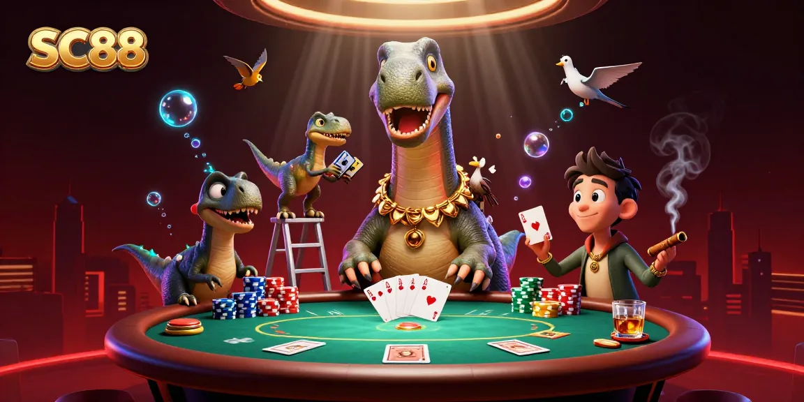 SC88 poker scene with a brontosaurus and raptor dealer, showcasing vibrant casino action.