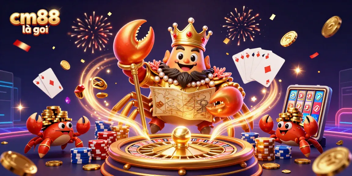Experience the thrill of winning at CM88, featuring a majestic crab emperor in an ultra-detailed casino scene.
