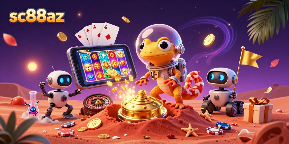 Experience sc88az with a Martian gecko discovering a golden casino amidst vibrant gaming elements.